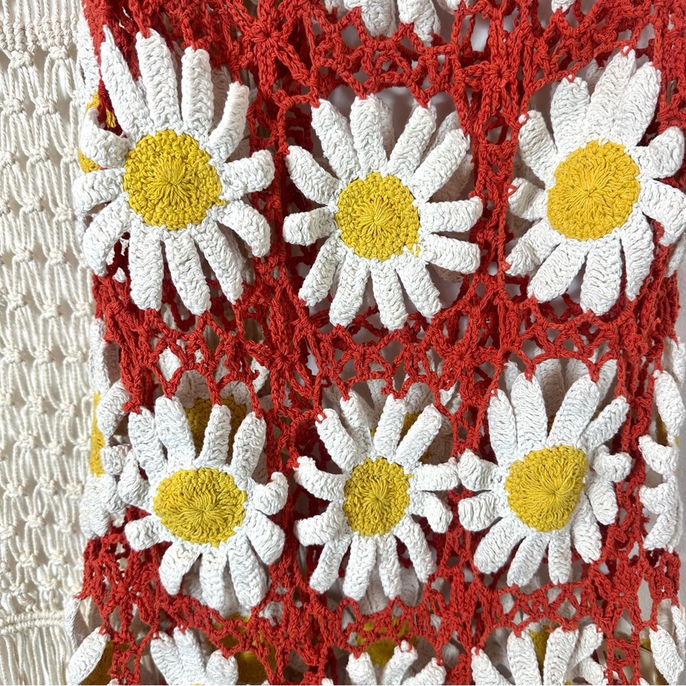 🌼 Anthropologie Floral Daisy Orange White Sun Flower Crochet Beach Dress M/L - Picture 6 of 10